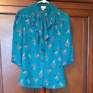 Vintage VTG Pykettes Ruffle Blouse Feathers Sz 12 M 3/4 sleeve 80s 90s Shirt Top